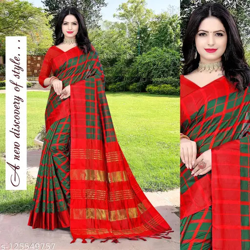 Stylist Banarasi Soft Cotton Silk Checked Self Designed