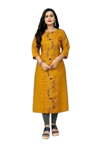 Sandy's Wil Choice Lady Shine Kurti Crepe Straight Embroidered for Women and Girls|Mustard Yellow|