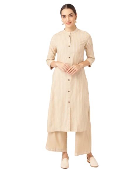 Maadwara Women Beige Cotton Striped Kurta With Palazzos™