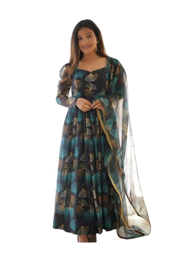 HEAVEL Womens Georgette Leaf Print Flared Gown with Dupatta