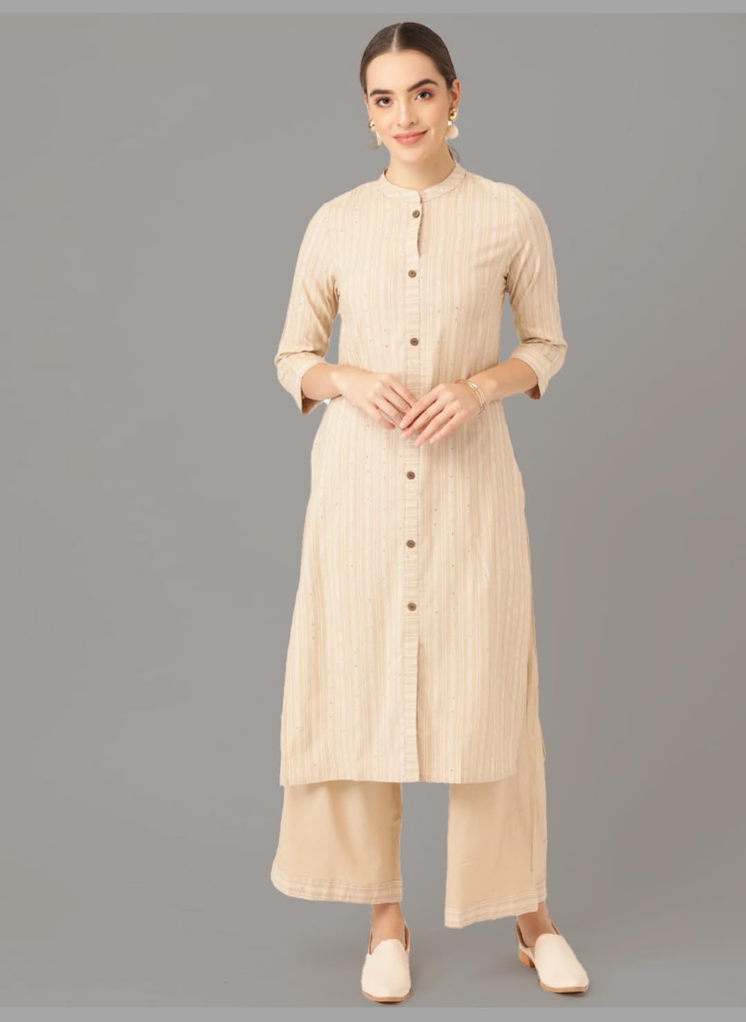 Maadwara Women Beige Cotton Striped Kurta With Palazzos™