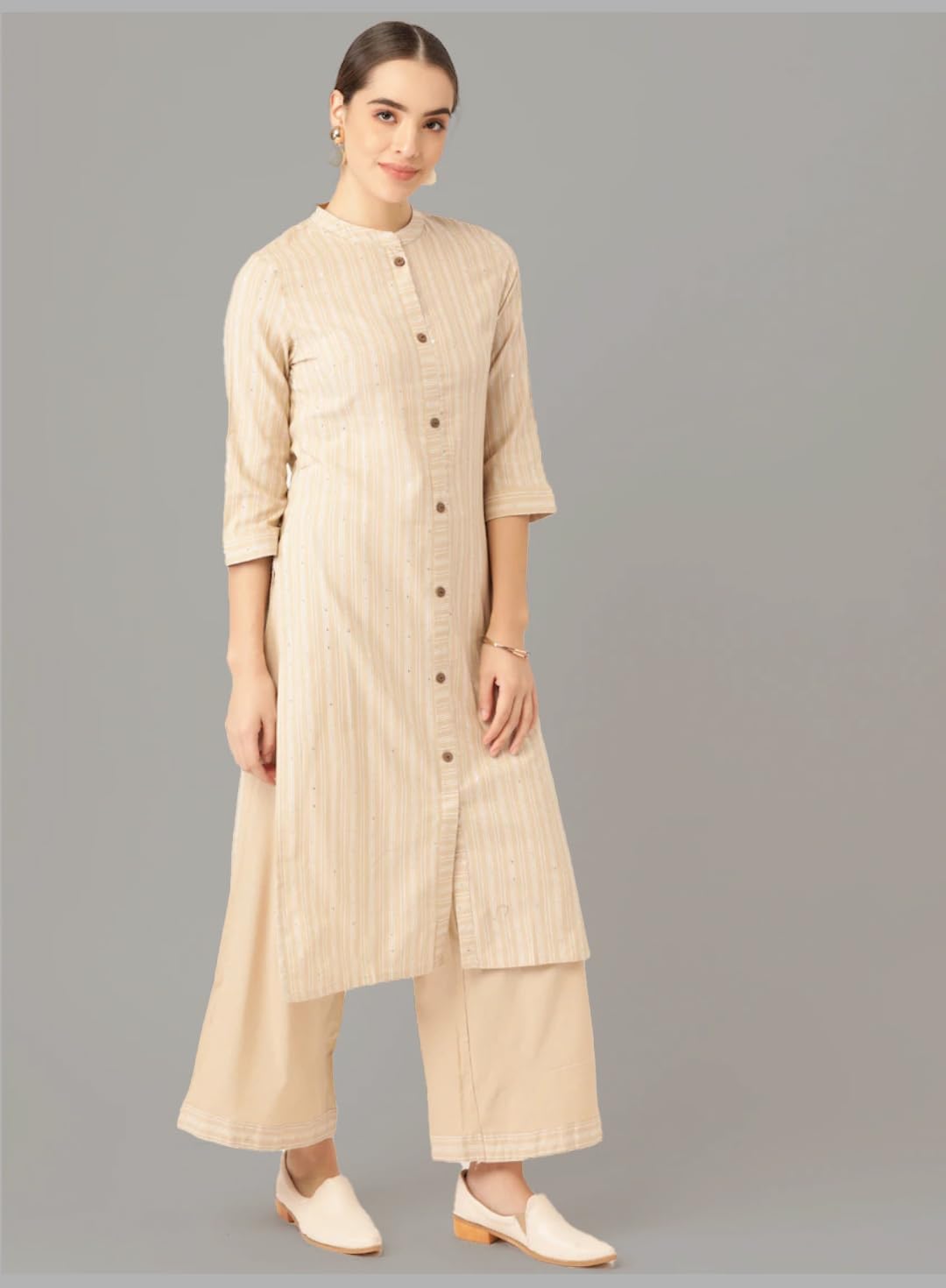 Maadwara Women Beige Cotton Striped Kurta With Palazzos™