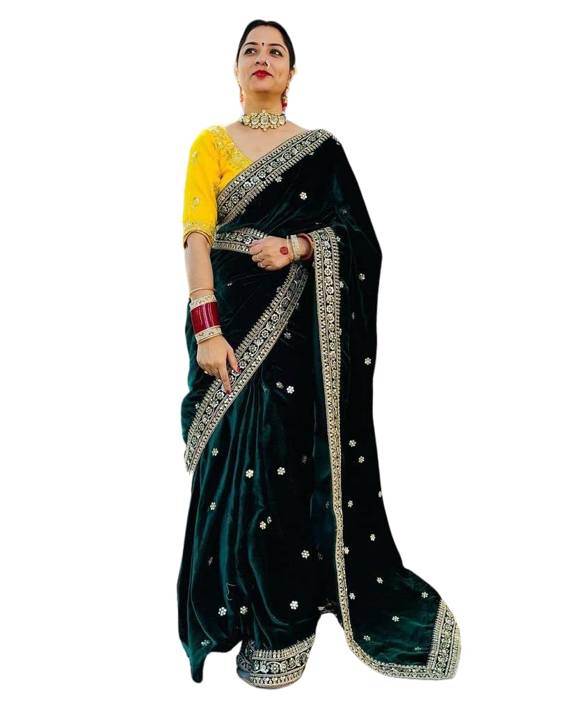 Jayamar Pretty Designer Velvet Saree Embroidary Sequence Work With Unstitched Blouse™