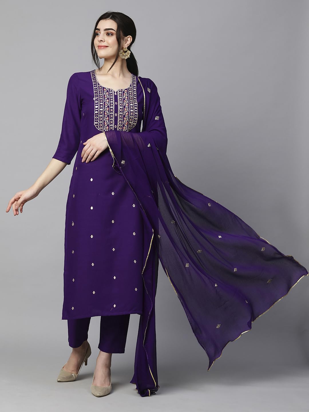 Kala Women's Violet Cotton Blend Embroidered Straight Kurta With Trouser & Dupatta