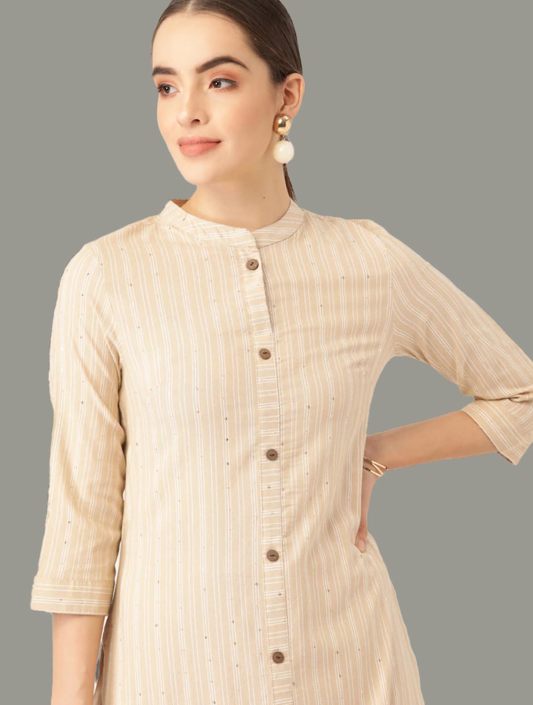 Maadwara Women Beige Cotton Striped Kurta With Palazzos™