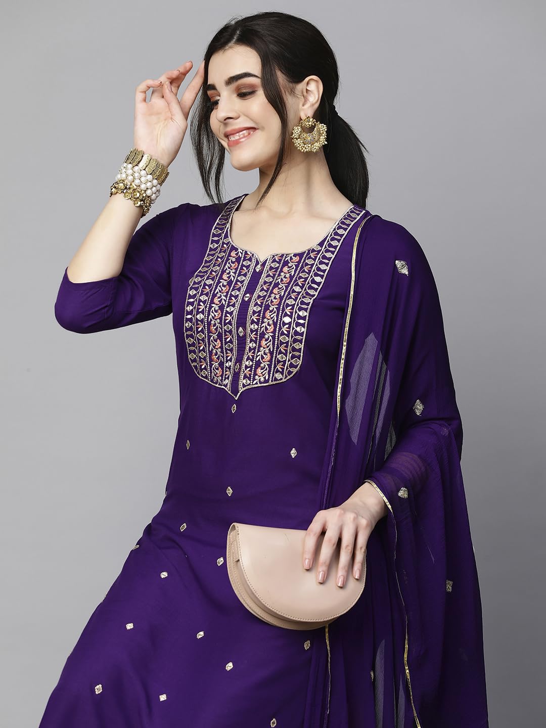 Kala Women's Violet Cotton Blend Embroidered Straight Kurta With Trouser & Dupatta