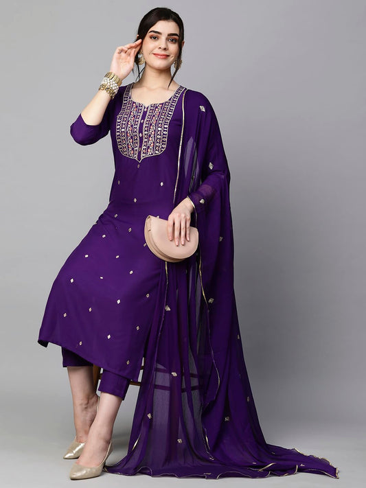 Kala Women's Violet Cotton Blend Embroidered Straight Kurta With Trouser & Dupatta