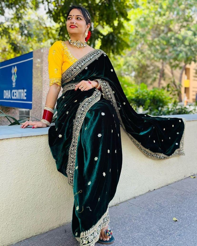 Jayamar Pretty Designer Velvet Saree Embroidary Sequence Work With Unstitched Blouse™