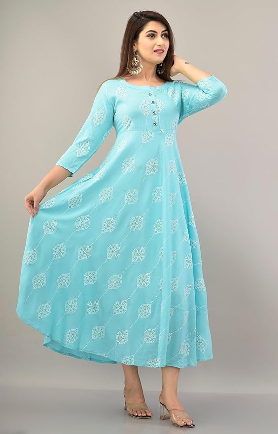 Women's Casual 3/4 Sleeve Round Neck Printed Rayon Trendy Readymade Long Anarkali Kurti