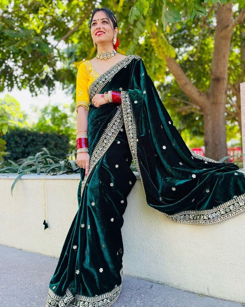 Jayamar Pretty Designer Velvet Saree Embroidary Sequence Work With Unstitched Blouse™