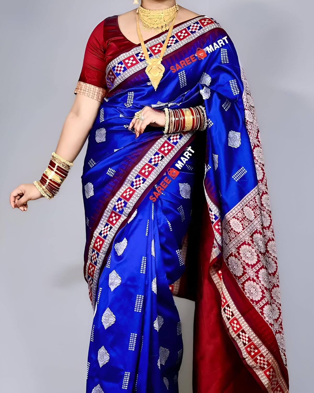 Sambalpuri Papasilk emerald green color with black border buta design pasapali border saree with attached blouse piece