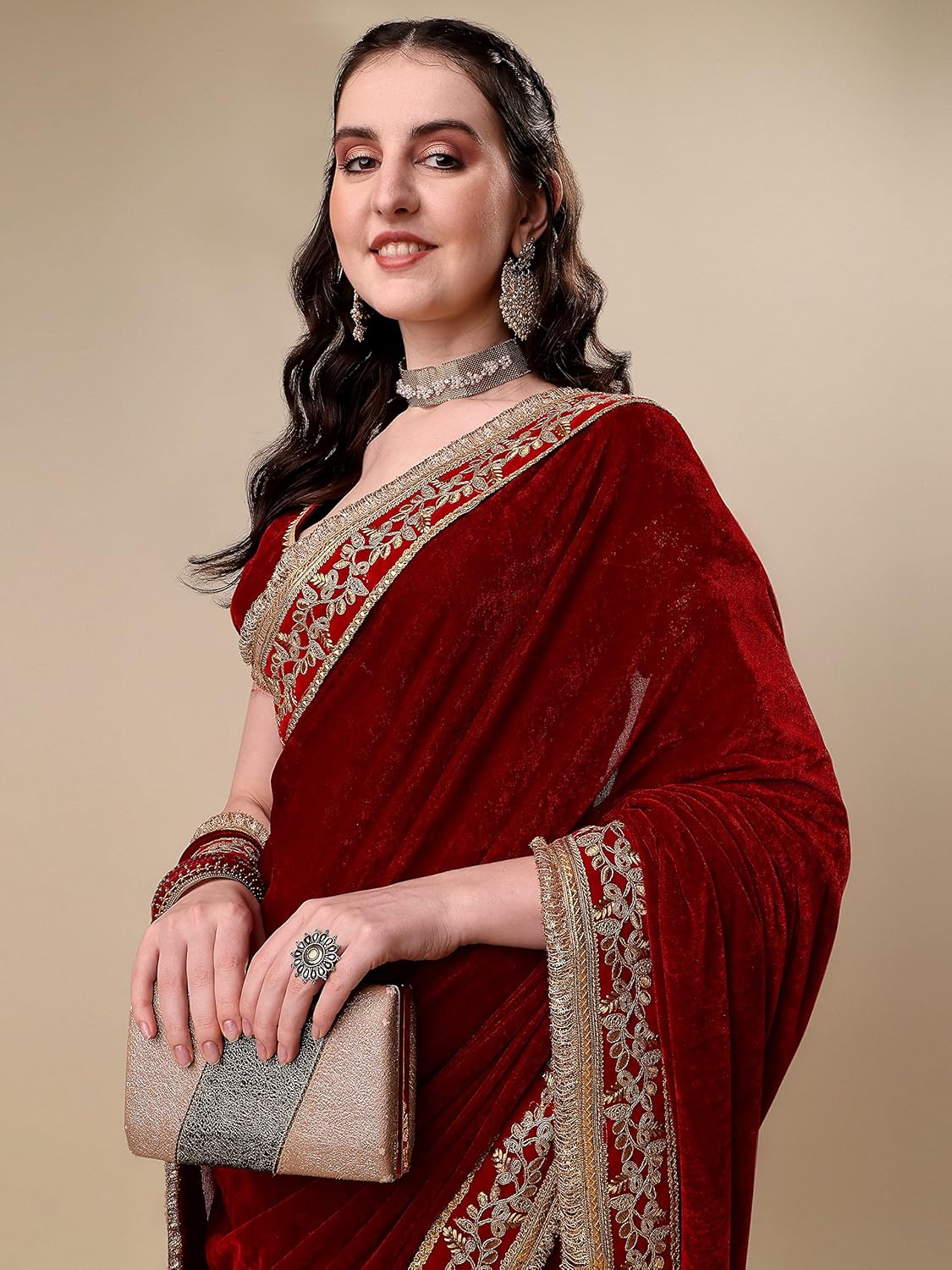 Niza Fashion Velvet Embroidery Lace Work Saree(Dulhaniya)™