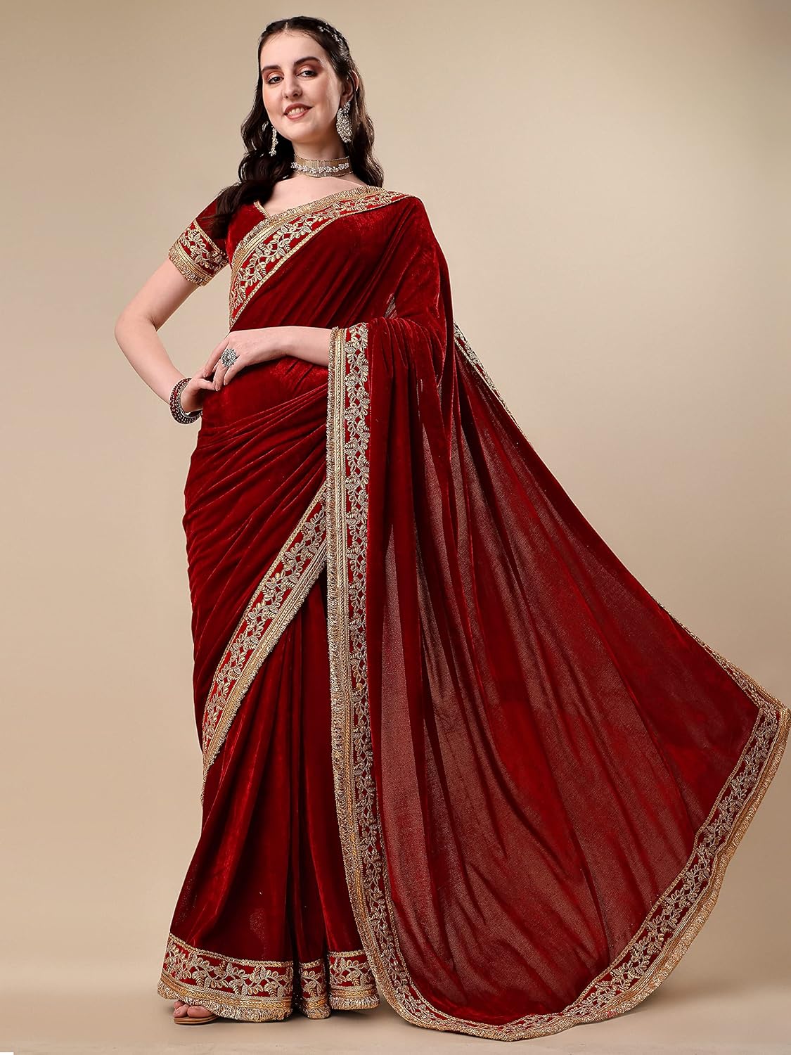 Niza Fashion Velvet Embroidery Lace Work Saree(Dulhaniya)™