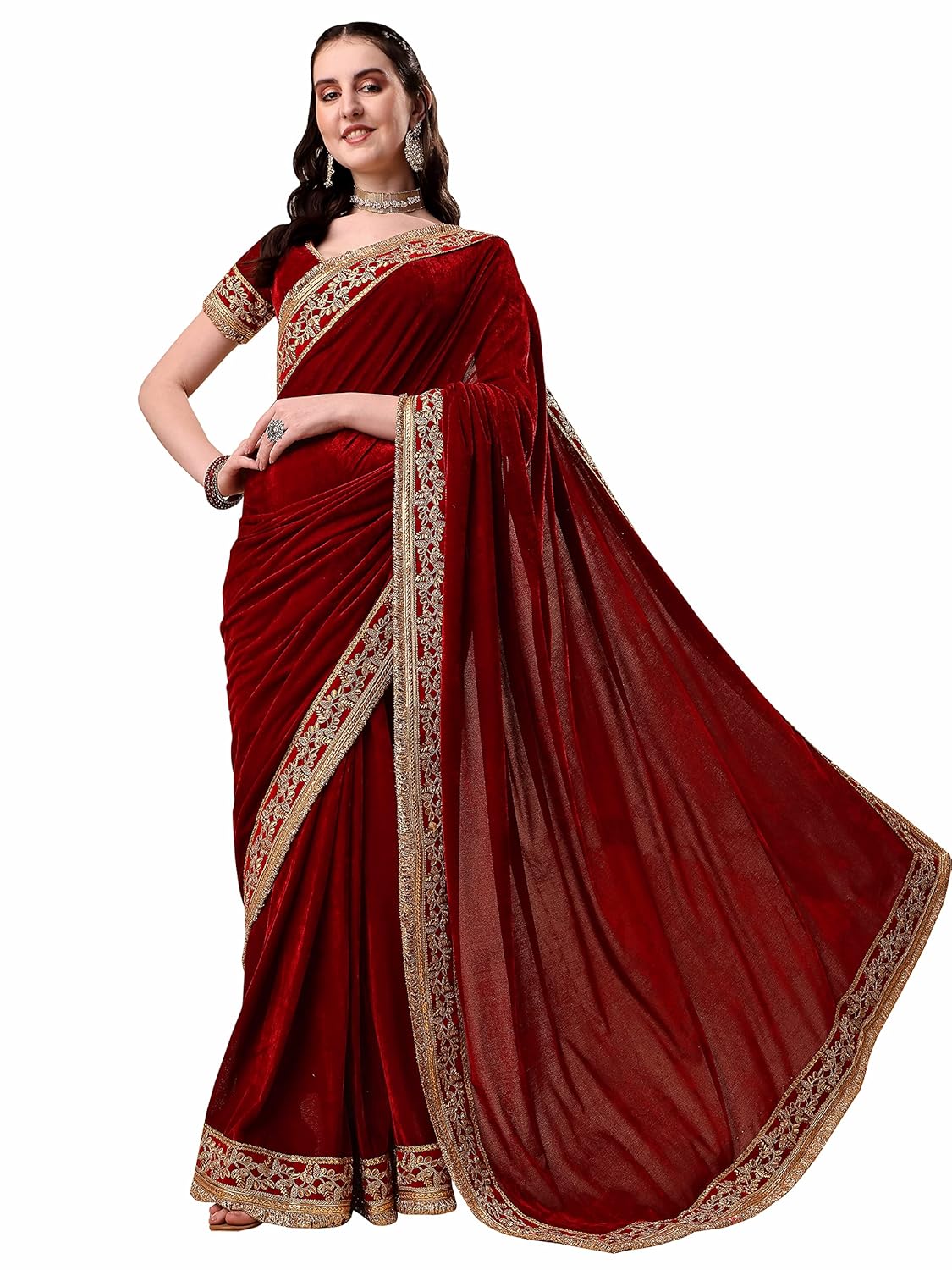 Niza Fashion Velvet Embroidery Lace Work Saree(Dulhaniya)™