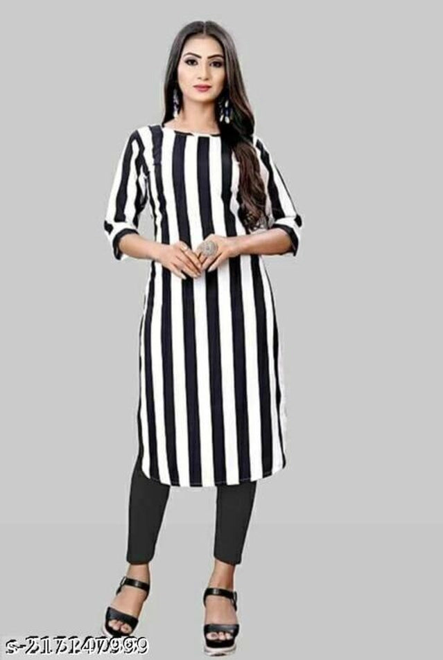 Crepe Striped Kurti for Women (Black & White, S)