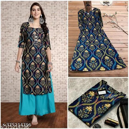 Women Ethnic Motifs Printed Keyhole Neck Sequinned Floral Crepe Kurta