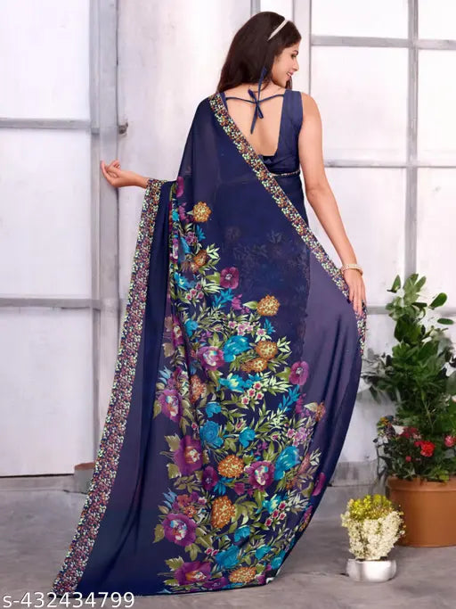 Floral Print Sarees with Folded Hem