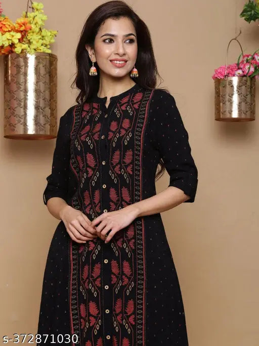 Women Self Design Cotton Rayon A-line Kurta  (Black)