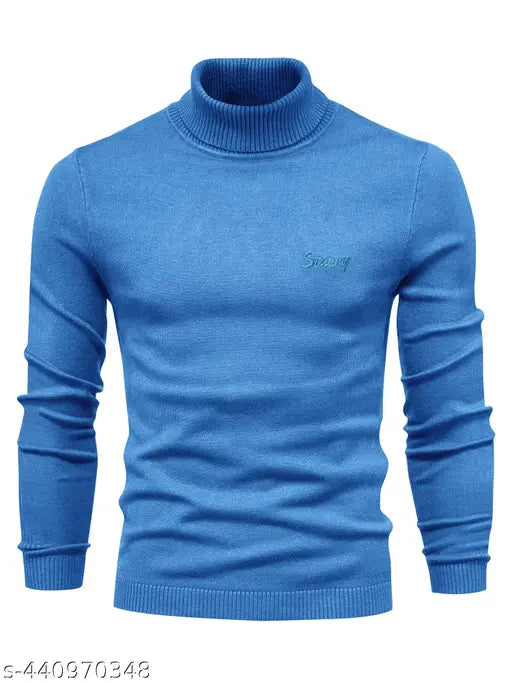 Men Striped High Neck Wool Blend Blue