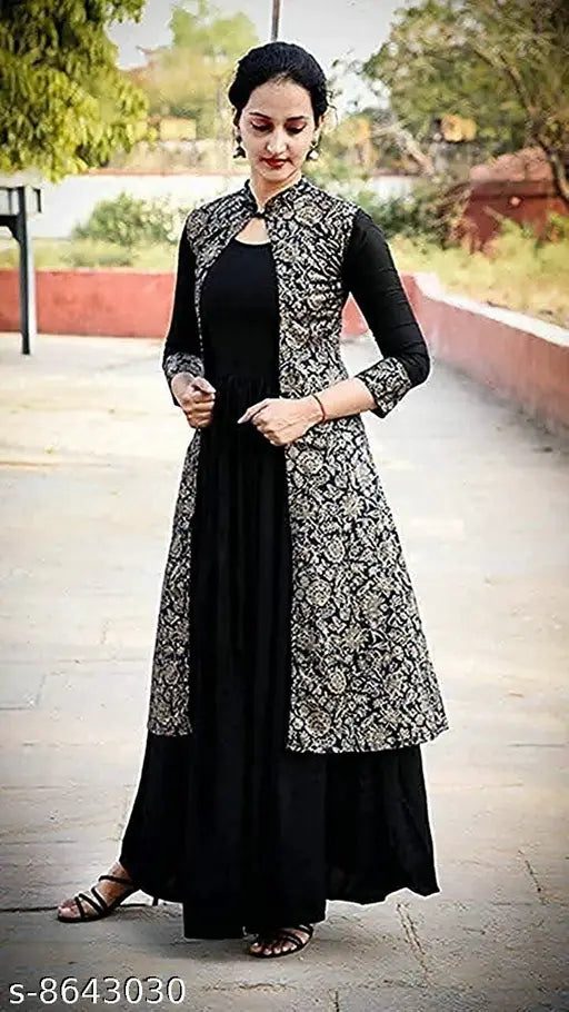 Zainab Fashion Rayon Anarkali Kurti with Gold Print Jacket for Women and Girls Black