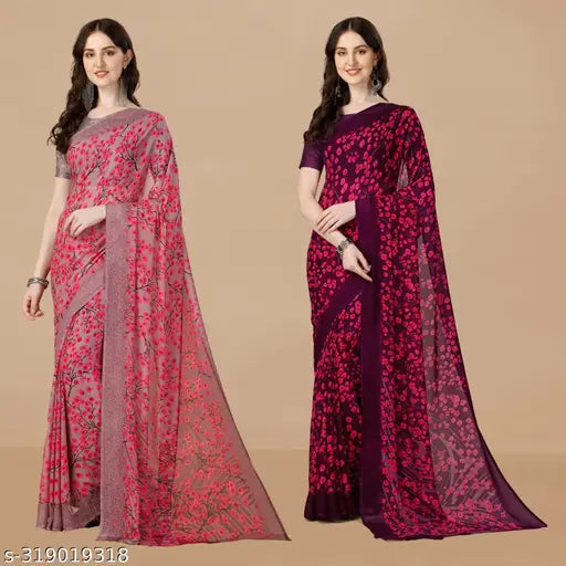 Georgette Floral Printed Multicolor Woman Saree With Blouse