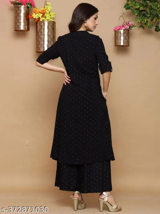 Women Self Design Cotton Rayon A-line Kurta  (Black)